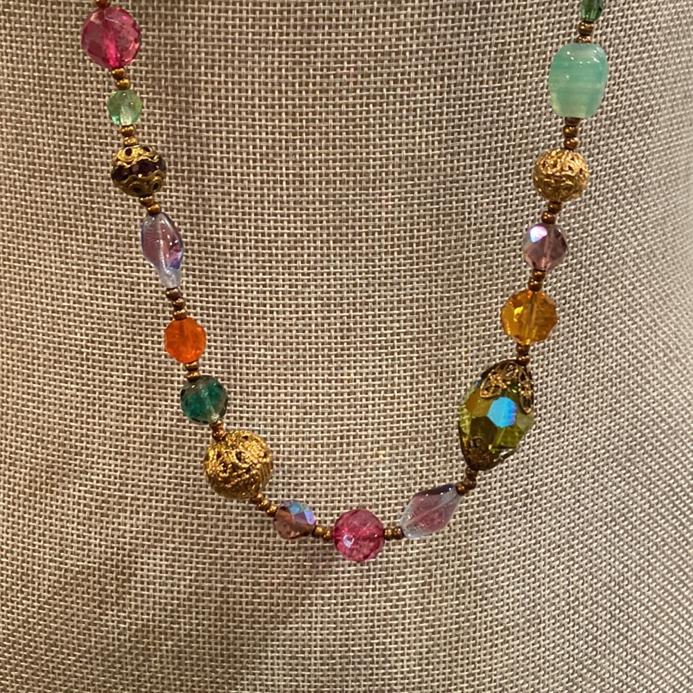 Women's long gold multi colored beads and stones necklace